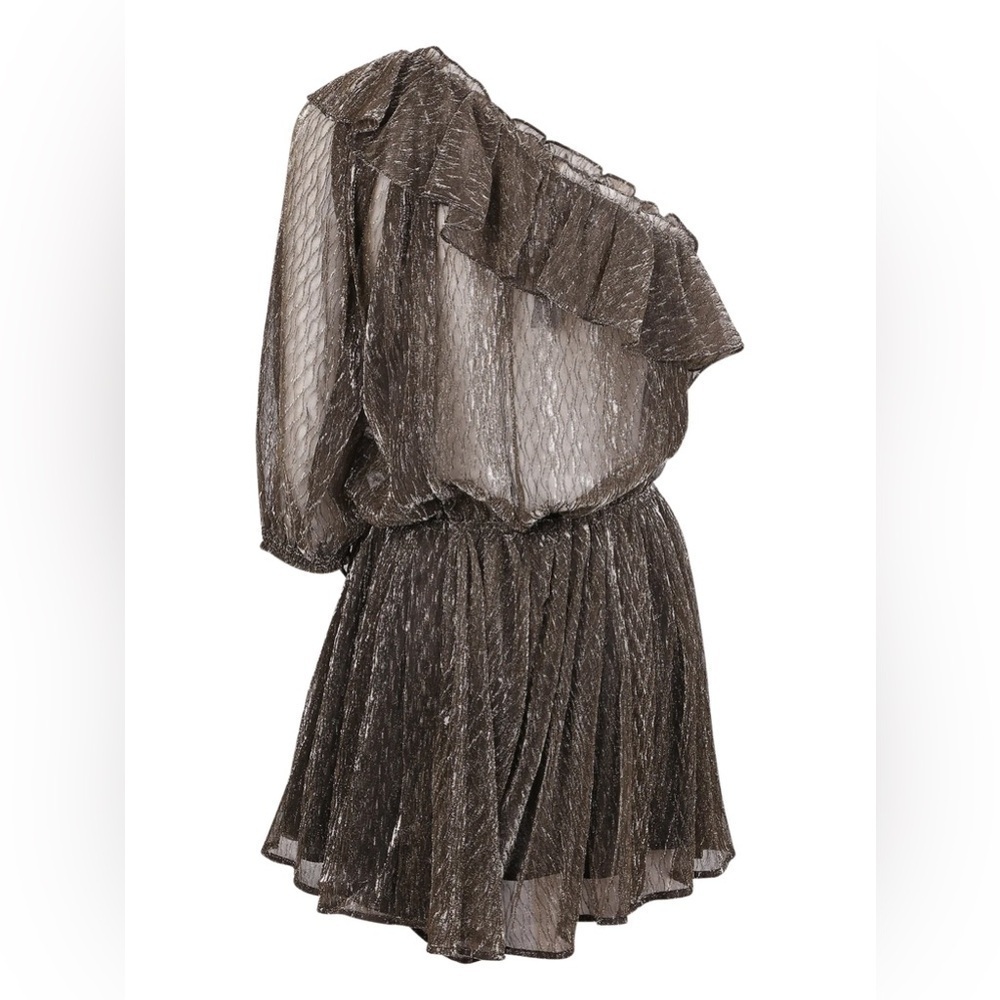 IRO Paris Payham Black Gold Lame One Shoulder Ruffle Sheer Jumpsuit Romper Large - Picture 7 of 17